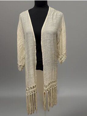 Kori America Bohemian Crochet Lace Kimono Cardigan Cream Fringe Medallion Back